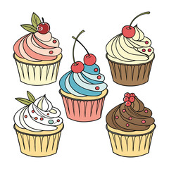 Cute vector illustration of a set of sweet dessert cupcakes and cakes with delicious cream and cherry icing, perfect for a celebration or birthday