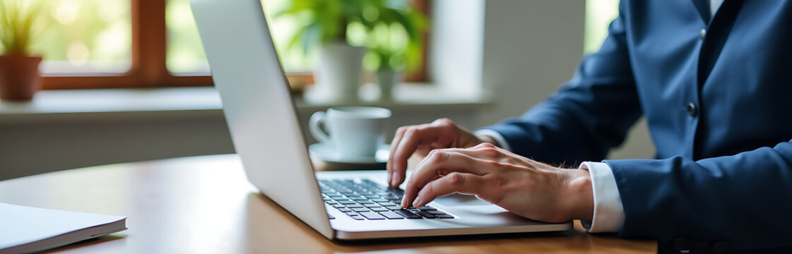 businessman sits table laptop typing email three icon tabs visible - Powered by Adobe