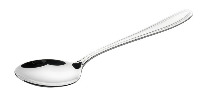 Polished stainless steel spoon isolated on white background, shiny silver metal tablespoon for dining, elegant kitchen cutlery utensil for food service