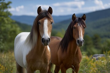 Obraz premium Playful Ponies Grazing in Colorful Wildflowers Under Blue Skies