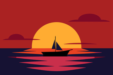 Naklejka premium boat sailing into the sunset horizon
