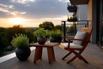 Modern Apartment Balcony with Potted Plants and Peaceful Sunset
