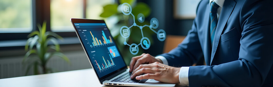 businessman prepares reports surrounded multiple graphs charts business management icons laptop