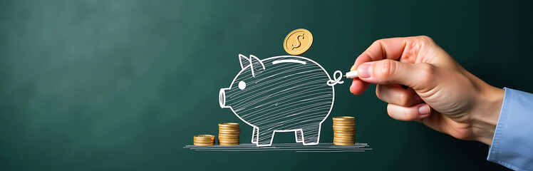 businessman depicted drawing piggy bank coins chalkboard illustrate saving money banking