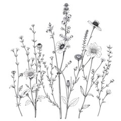 Intricate black and white botanical etching of wild herbs and flowers, vintage engraving style, fine details, delicate crosshatching, scientific illustration aesthetic