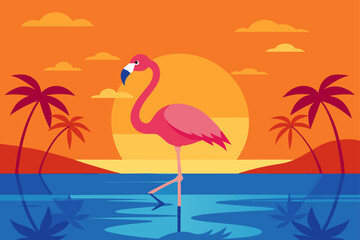 flamingo wading in tropical sunset lagoon