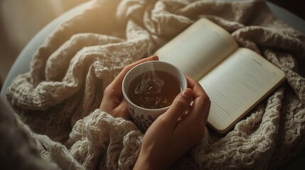 Cozy Hygge Moment: Hands Holding Steaming Tea with Open Book and Knitted Blanket