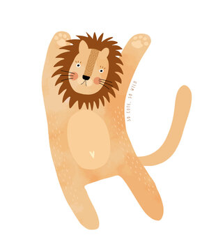 So Cute, So Wild. Funny Lion Relaxing While Lying On Its Back. Hand Drawn Vector Illustration Of Happy Wild Kitty. Safari Animal. King Of The Savannah. Kids' Room Decoration. 