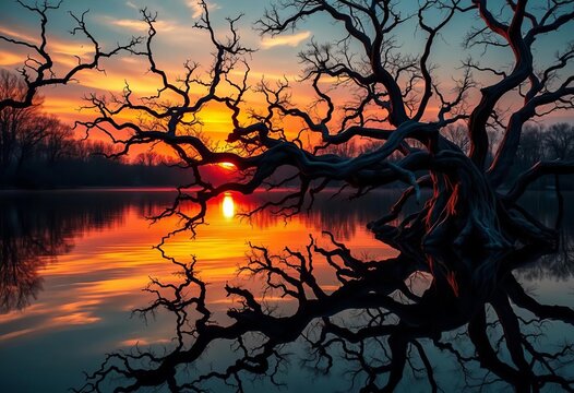 Ancient, twisted trees claw at a fiery sunset reflected in still lake water, orange, roots