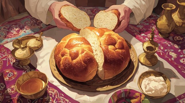 Close up of freshly baked bread being sliced on wooden table