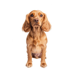 Adorable golden cocker spaniel puppy sitting and looking directly at the camera with soft eyes isolated on transparent background
