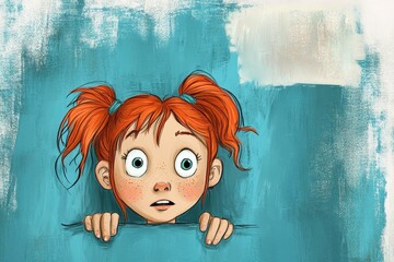Surprised girl with red hair peeking over a colorful background in an imaginative setting during daylight