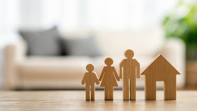 Blurred domestic environment with symbolic wooden family highlighting support for homelessness and protection from violence
