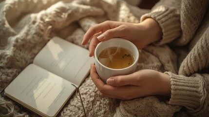 Cozy Hygge Moment: Hands Holding Steaming Tea with Open Book and Knitted Blanket