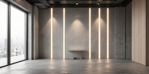 Raw Concrete Interior with Ambient Spot Lighting for Product Shoots - Cool-toned concrete floors and walls, suspended warm LED strips,