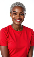Happy Senior Woman Red Shirt Portrait Isolated A medium close-up features a smiling senior Black woman with short grey hair