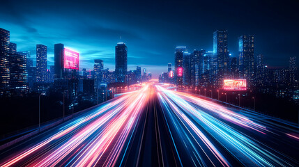 Fototapeta premium Futuristic cyberpunk cityscape with blue and pink light trails, portraying a sci-fi downtown scene at night with skyscrapers, highways, and billboards, depicted in a 3D illustration