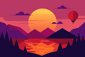 romantic sunset landscape lake hot air balloons