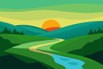 Obraz premium rolling green hills with stream at sunset