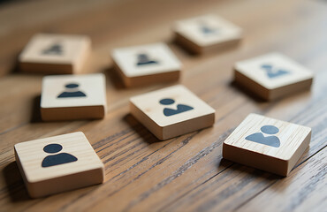 wooden blocks person icons table represent organizational relationships digital communication network