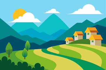 Obraz premium serene valley village with rice fields