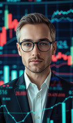 White male executive with short, neatly styled hair and glasses, standing confidently while interacting with financial charts and futuristic data