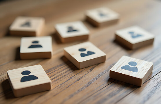 wooden blocks person icons table represent organizational relationships digital communication network - Powered by Adobe
