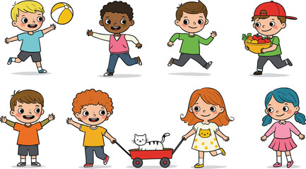 Happy children playing together outdoors, kids running and having fun, summer activities, friends, cartoon illustration, colorful, joyful, cat included

 flat vector illustration