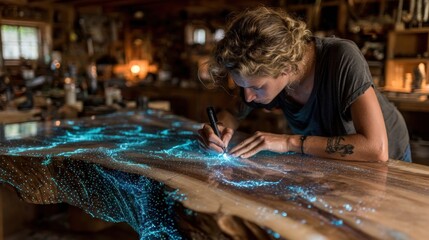Woman crafting luminous wood table