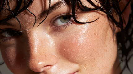 Close up shot revealing radiant beauty, dewy skin texture exudes healthy and moisturized glow, reflecting pure serenity