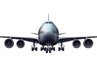 Front view of a large silver airplane with four engines isolated on transparent background
