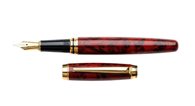 Red and gold fountain pen with cap open isolated PNG with Transparent Background
