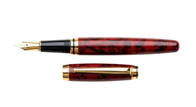Red and gold fountain pen with cap open isolated PNG with Transparent Background