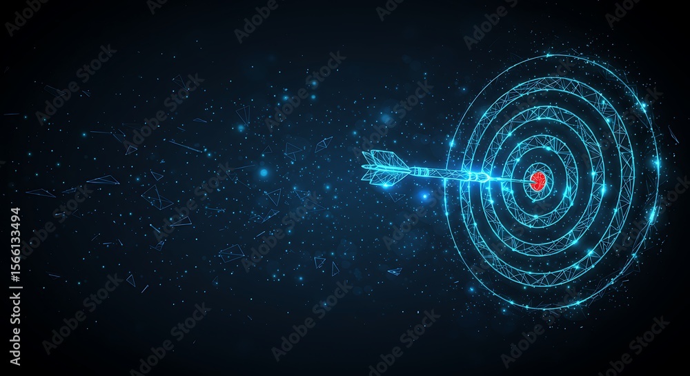 Poster digital dartboard with arrow hitting target in center showing successful strategy achievement