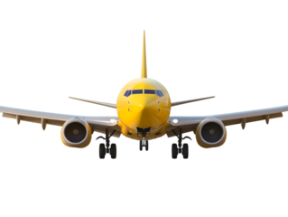 Front view of a bright yellow passenger jet airplane isolated on transparent background