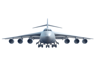Front view of a large cargo airplane with six engines isolated on transparent background