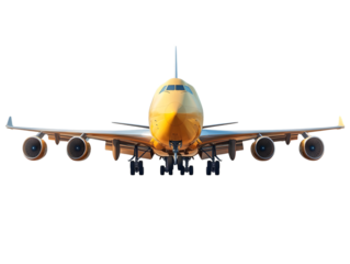 Front view of a yellow jumbo jet airplane with four engines isolated on transparent background