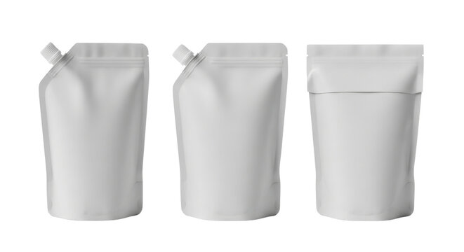 Three blank white stand-up pouches for food or drink product packaging isolated PNG with Transparent Background