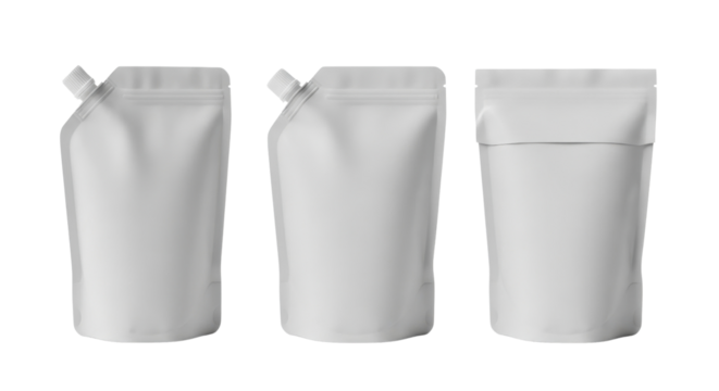 Three blank white stand-up pouches for food or drink product packaging isolated PNG with Transparent Background