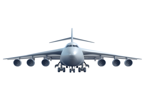 Front view of a large cargo airplane with six engines isolated on transparent background