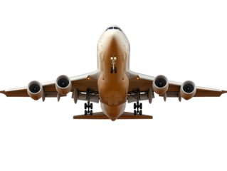 Front view of a large passenger jet airplane with landing gear down isolated on transparent background