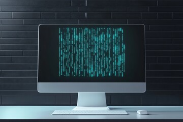 Minimalist desktop computer displaying animated binary code against a dark background, Minimal desktop computer with binary code Cartoon style 3D render