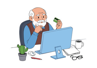 Elderly Man Holding Credit Card While Using Computer Thinking.