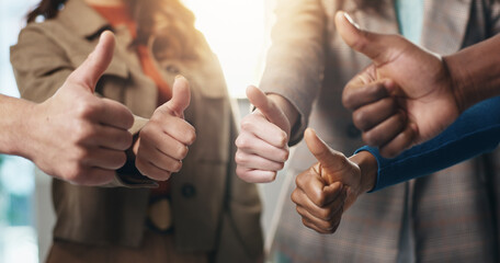 Business people, hands or teamwork with thumbs up for diversity, inclusion or feedback in office....