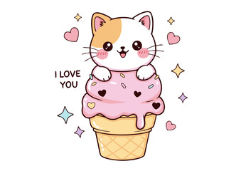 Adorable Cartoon Cat on Ice Cream Cone with Hearts and Stars.