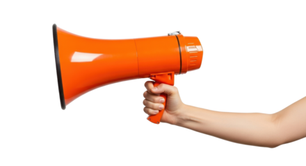 Hand holding an orange megaphone isolated PNG with Transparent Background