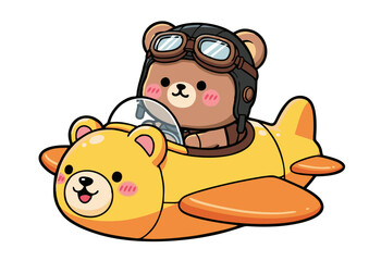 Cute Cartoon Bear Pilot in a Yellow Airplane.