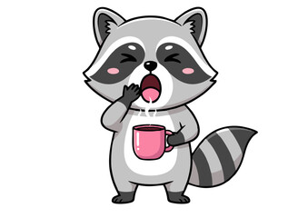 Cartoon Raccoon Yawning While Holding Pink Coffee Mug Sleepy Expression.