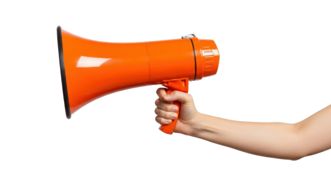 Hand holding an orange megaphone isolated PNG with Transparent Background