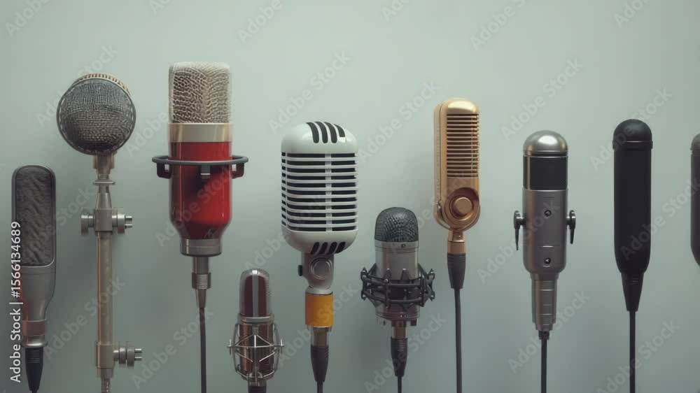 Poster A collection of microphones arranged neatly against a wall, ready for use or display